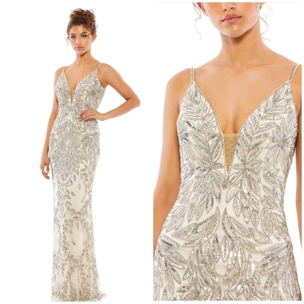 Mac Duggal Silver and Cream Maxi Dress